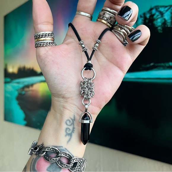 Handmade maille necklace with black obsidian bullet adjustable choker boho goth - Picture 14 of 16